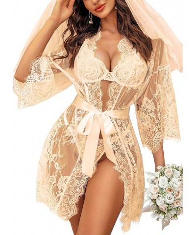 Women's Lace Kimono Robe Babydoll Lingerie Mesh Nightgown S-5XL Apricot $11.13 Lingerie