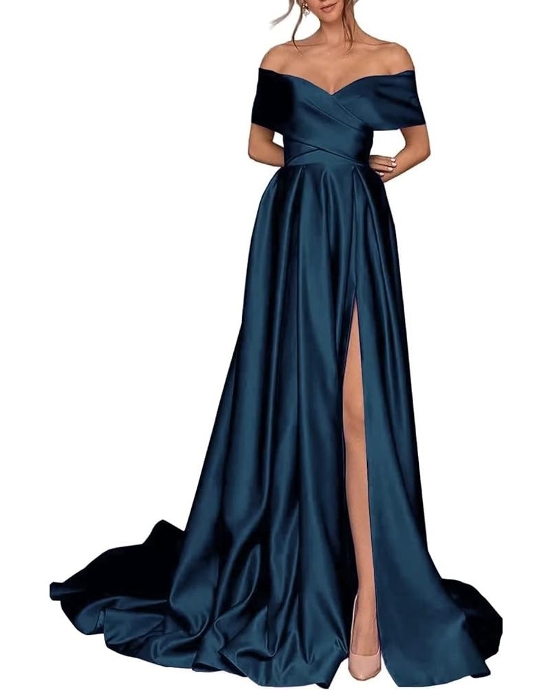 Women's Off Shoulder High Slit Prom Dresses Long Sexy Spaghetti Satin Prom Party Gowns Peacock Blue $43.68 Dresses