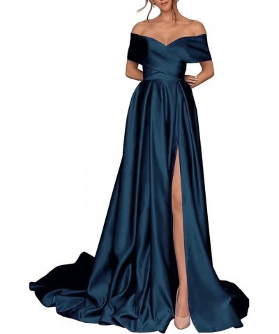 Women's Off Shoulder High Slit Prom Dresses Long Sexy Spaghetti Satin Prom Party Gowns Peacock Blue $43.68 Dresses