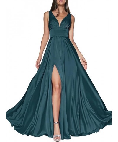 Women's Off Shoulder High Slit Prom Dresses Long Sexy Spaghetti Satin Prom Party Gowns Peacock Blue $43.68 Dresses