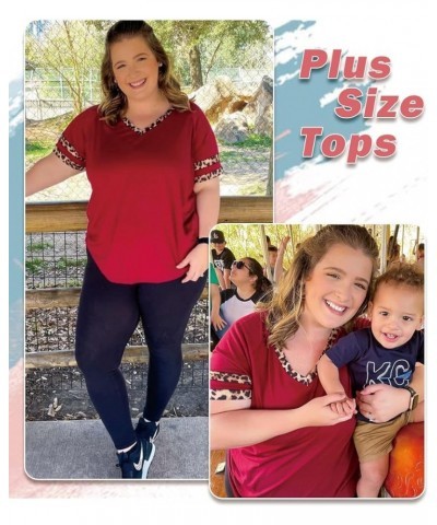 Plus Size Tops for Women Henley V Neck Short Sleeve Tunic Leopard Cheetah Color Block Tees Summer T Shirts A125-peach Pink Le...