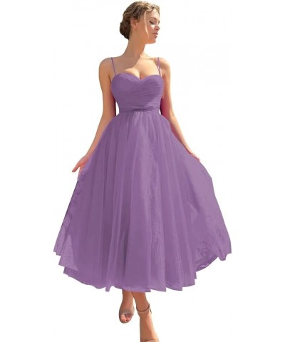 Spaghetti Straps Tulle Sweetheart Prom Dresses with Pockets Tea Length Formal Evening Gowns for Women Wisteria $23.22 Dresses