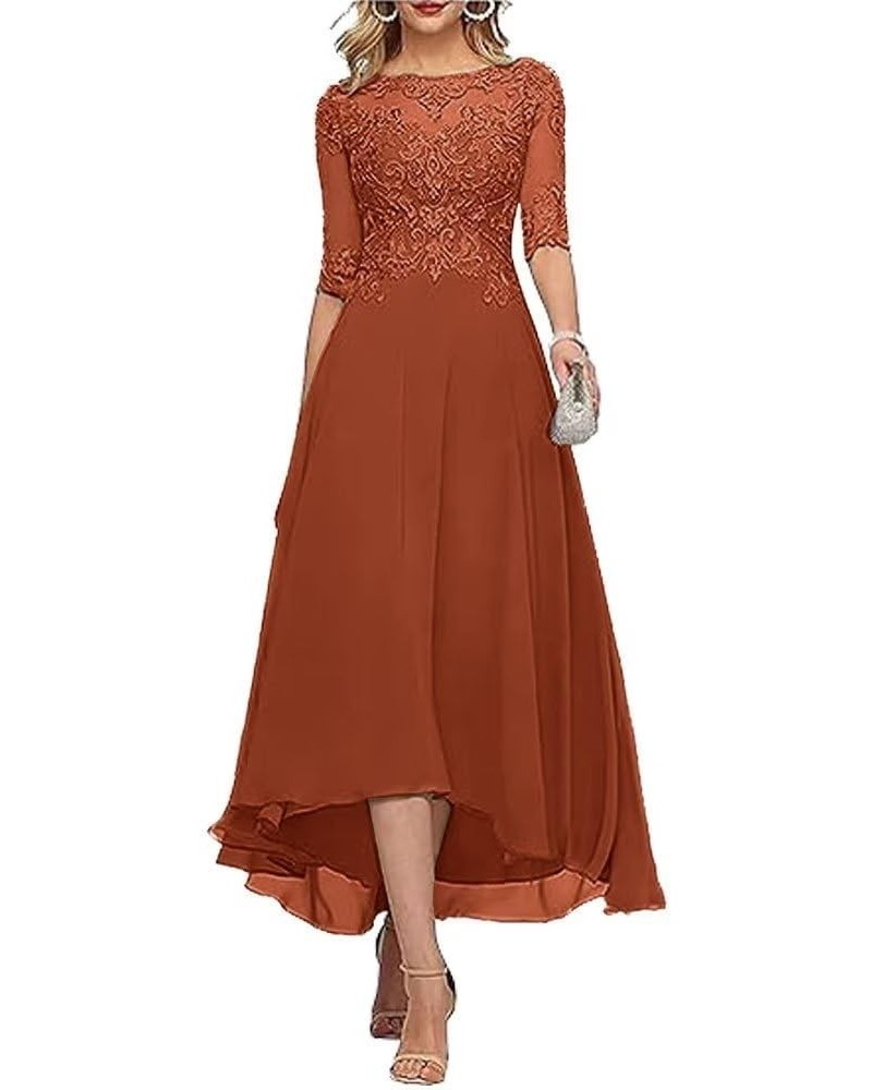 Lace Appliques Mother of The Bride Dresses for Wedding 3/4 Sleeves A line Tea Length Chiffon Formal Wedding Party Gowns Rust ...