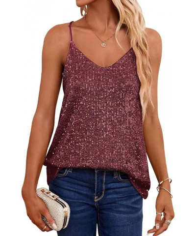 Womens Sequin Tank Tops Casual Fashion V Neck Strappy Sparkly Shimmer Cami Shirts Sexy Sleeveless Racerback Tops Vest Burgund...