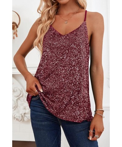 Womens Sequin Tank Tops Casual Fashion V Neck Strappy Sparkly Shimmer Cami Shirts Sexy Sleeveless Racerback Tops Vest Burgund...