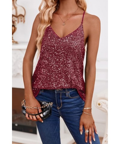 Womens Sequin Tank Tops Casual Fashion V Neck Strappy Sparkly Shimmer Cami Shirts Sexy Sleeveless Racerback Tops Vest Burgund...