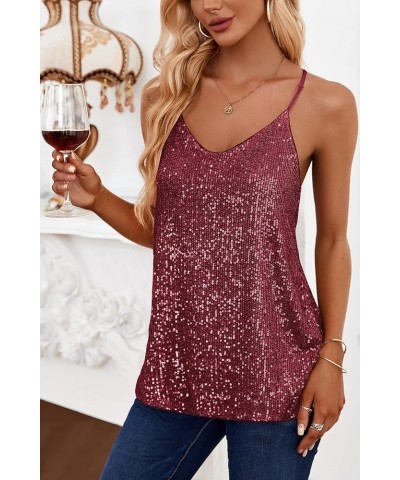 Womens Sequin Tank Tops Casual Fashion V Neck Strappy Sparkly Shimmer Cami Shirts Sexy Sleeveless Racerback Tops Vest Burgund...