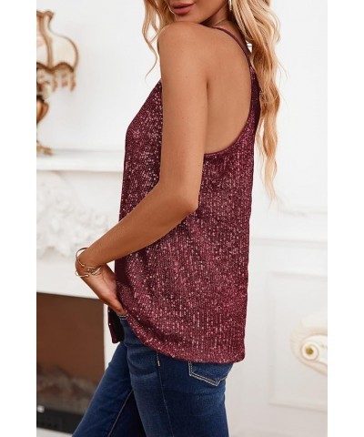 Womens Sequin Tank Tops Casual Fashion V Neck Strappy Sparkly Shimmer Cami Shirts Sexy Sleeveless Racerback Tops Vest Burgund...