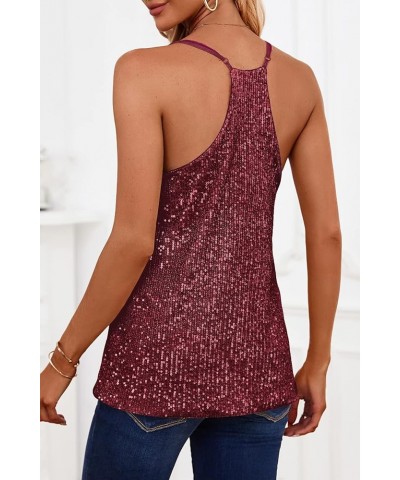 Womens Sequin Tank Tops Casual Fashion V Neck Strappy Sparkly Shimmer Cami Shirts Sexy Sleeveless Racerback Tops Vest Burgund...