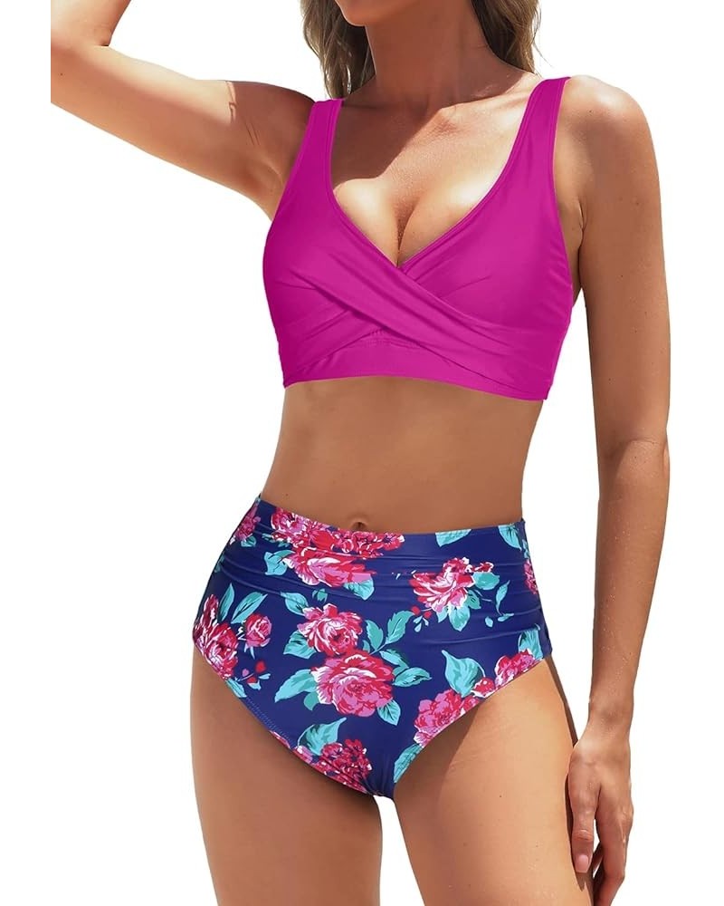 Women's Two Piece High Waisted Bikini Set Tummy Control Swimsuit Full Coverage Bathing Suit Purple Floral $20.05 Swimsuits