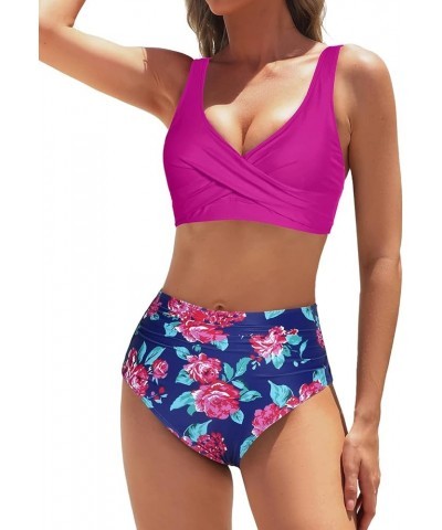 Women's Two Piece High Waisted Bikini Set Tummy Control Swimsuit Full Coverage Bathing Suit Purple Floral $20.05 Swimsuits