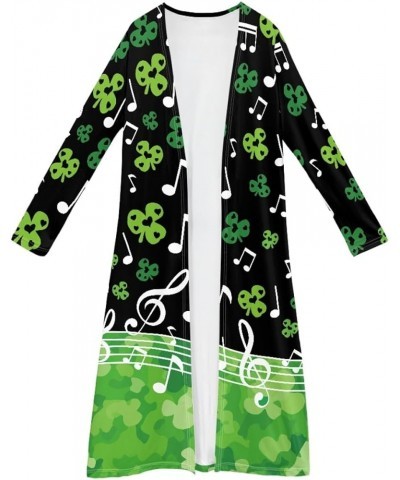 Women St. Patrick's Day Luck Shamrock Printed Open Front Long Sleeve Maxi Cardigans Outwear Music Notes Shamrock $13.20 Sweaters