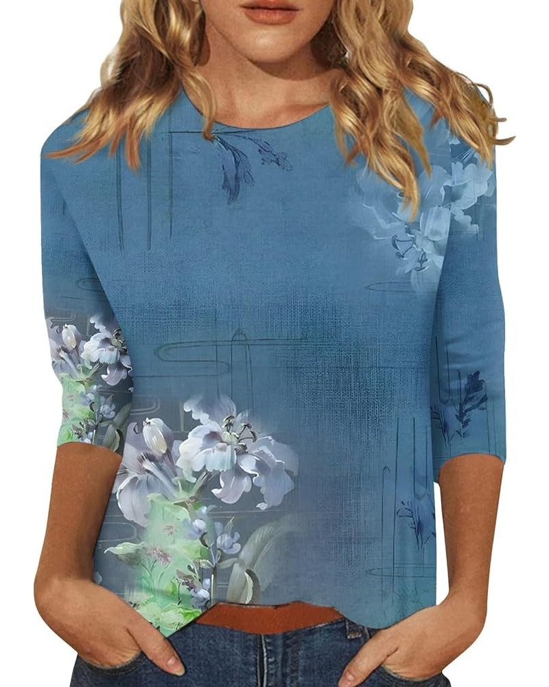 Womens Summer Outfits 3/4 Sleeve Tops Crewneck Floral Print T Shirts Half Sleeve Blouses Tunic Tops 70s Outfits Cyan $8.55 Tops