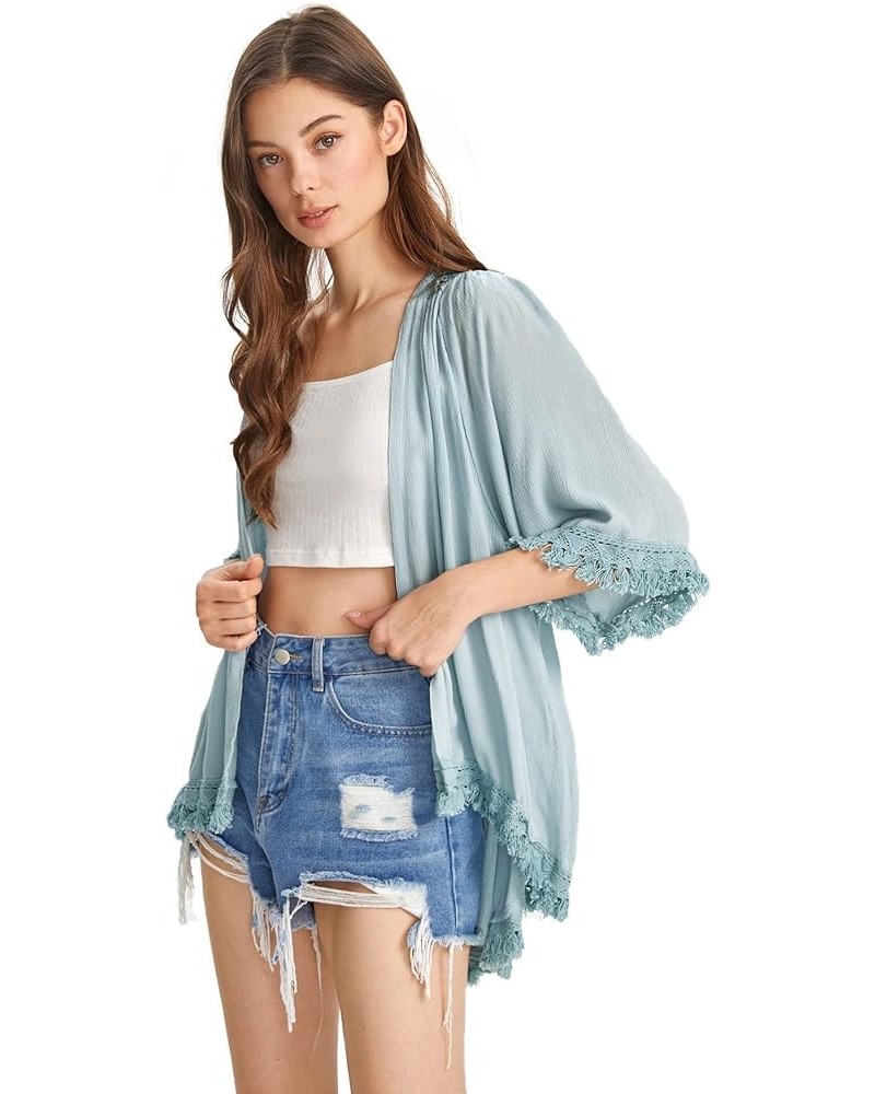 Women's Tassel Kimono Fringe Cardigan Beachwear Cover up Plain Blue $16.66 Swimsuits