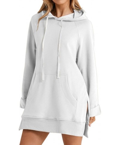 Women Oversized Hoodie Dress Long Sleeve Split Hem Drawstring Solid Pullover Casual Sweatshirt with Kangaroo Pocket A3-white ...