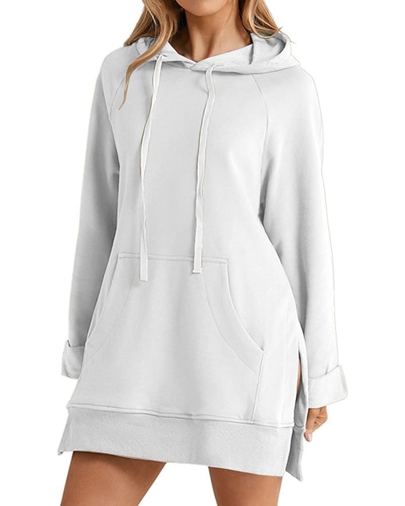 Women Oversized Hoodie Dress Long Sleeve Split Hem Drawstring Solid Pullover Casual Sweatshirt with Kangaroo Pocket A3-white ...