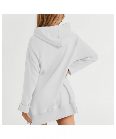 Women Oversized Hoodie Dress Long Sleeve Split Hem Drawstring Solid Pullover Casual Sweatshirt with Kangaroo Pocket A3-white ...