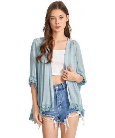 Women's Tassel Kimono Fringe Cardigan Beachwear Cover up Plain Blue $16.66 Swimsuits