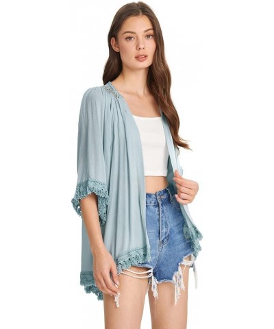 Women's Tassel Kimono Fringe Cardigan Beachwear Cover up Plain Blue $16.66 Swimsuits