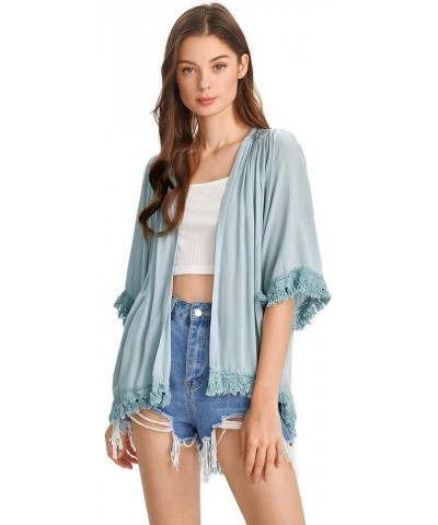 Women's Tassel Kimono Fringe Cardigan Beachwear Cover up Plain Blue $16.66 Swimsuits