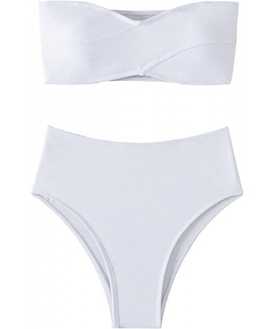 Women's 2 Piece Swimsuit Ribbed Bandeau High Waisted Bikini Set Bathing Suits White $12.40 Swimsuits