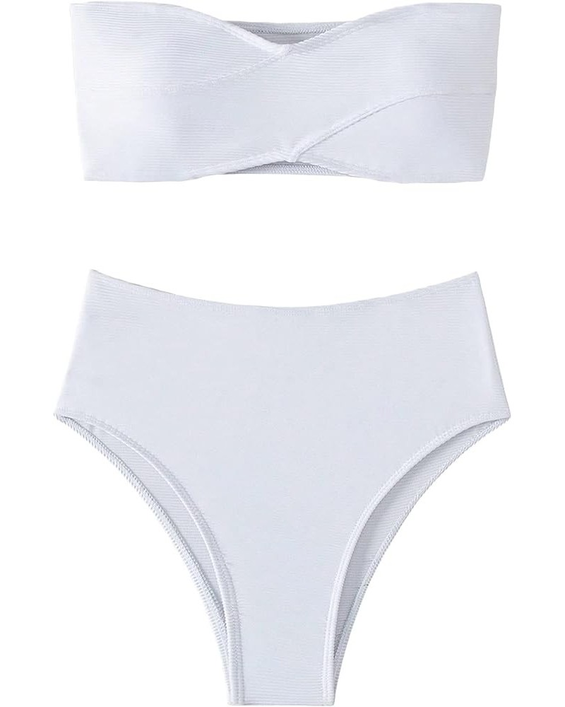 Women's 2 Piece Swimsuit Ribbed Bandeau High Waisted Bikini Set Bathing Suits White $12.40 Swimsuits