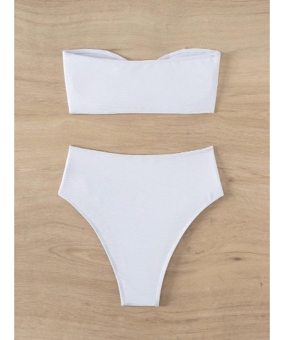 Women's 2 Piece Swimsuit Ribbed Bandeau High Waisted Bikini Set Bathing Suits White $12.40 Swimsuits