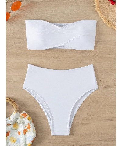 Women's 2 Piece Swimsuit Ribbed Bandeau High Waisted Bikini Set Bathing Suits White $12.40 Swimsuits