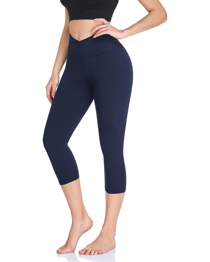 V Cross Waist Leggings for Women-Tummy Control Soft Workout Running High Waisted Non See Through Black Yoga Pants Capri-navy ...