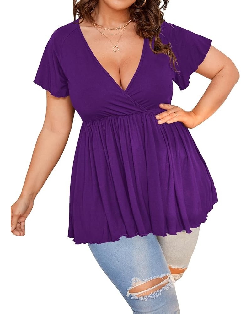 Women's Plus Size Short Sleeve Deep V Neck Ruffle Hem Blouse Pleated Flared Peplum Top Purple $11.52 Blouses