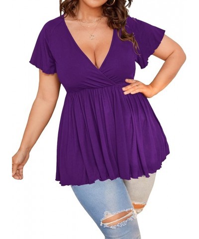 Women's Plus Size Short Sleeve Deep V Neck Ruffle Hem Blouse Pleated Flared Peplum Top Purple $11.52 Blouses