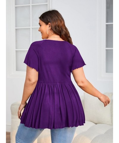 Women's Plus Size Short Sleeve Deep V Neck Ruffle Hem Blouse Pleated Flared Peplum Top Purple $11.52 Blouses