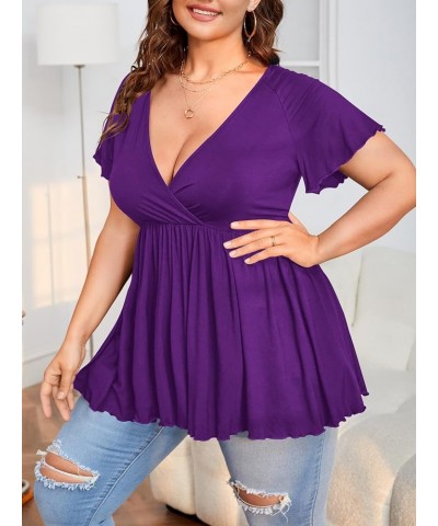 Women's Plus Size Short Sleeve Deep V Neck Ruffle Hem Blouse Pleated Flared Peplum Top Purple $11.52 Blouses