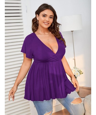 Women's Plus Size Short Sleeve Deep V Neck Ruffle Hem Blouse Pleated Flared Peplum Top Purple $11.52 Blouses