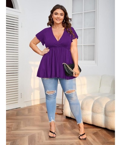 Women's Plus Size Short Sleeve Deep V Neck Ruffle Hem Blouse Pleated Flared Peplum Top Purple $11.52 Blouses