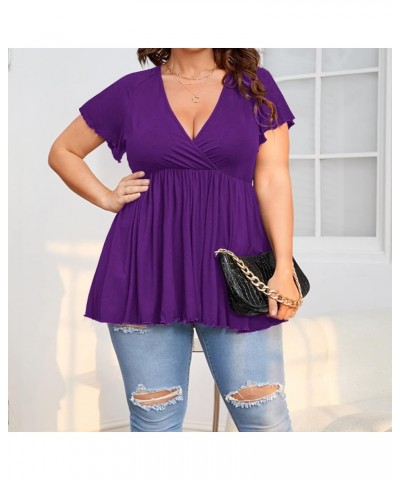 Women's Plus Size Short Sleeve Deep V Neck Ruffle Hem Blouse Pleated Flared Peplum Top Purple $11.52 Blouses