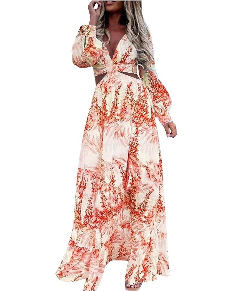 Women's Print Deep V Neck Puff Long Sleeve Cut Out Side Flowy Long Dress Floral Orange $28.04 Others