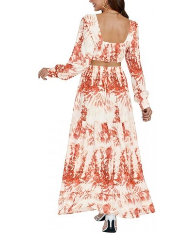 Women's Print Deep V Neck Puff Long Sleeve Cut Out Side Flowy Long Dress Floral Orange $28.04 Others