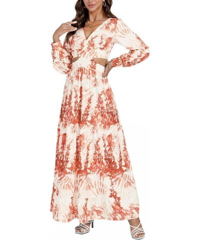 Women's Print Deep V Neck Puff Long Sleeve Cut Out Side Flowy Long Dress Floral Orange $28.04 Others