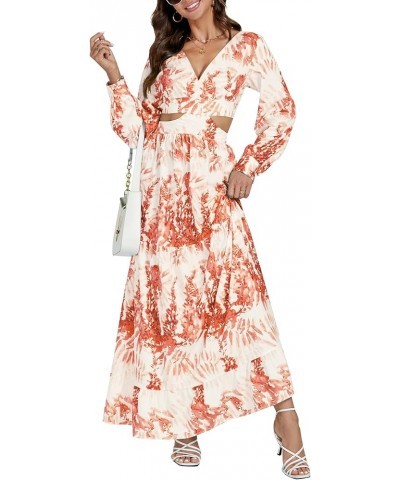 Women's Print Deep V Neck Puff Long Sleeve Cut Out Side Flowy Long Dress Floral Orange $28.04 Others