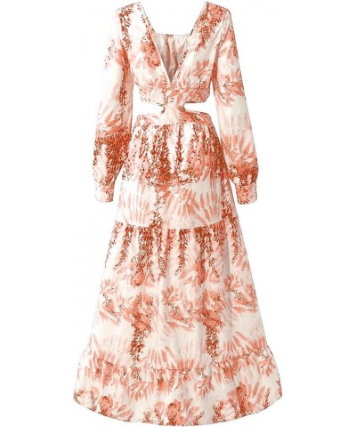 Women's Print Deep V Neck Puff Long Sleeve Cut Out Side Flowy Long Dress Floral Orange $28.04 Others