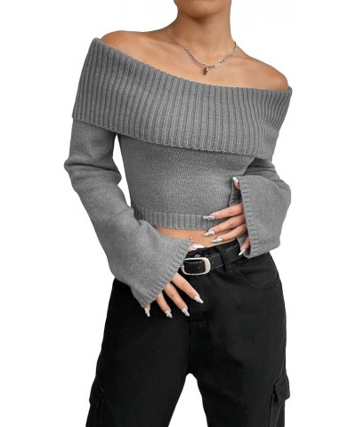 Women's Off Shoulder Ribbed Knit Long Sleeve Crop Top Sweater Pullover Grey $20.58 Sweaters