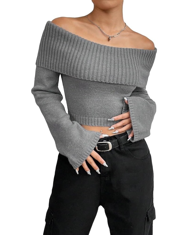 Women's Off Shoulder Ribbed Knit Long Sleeve Crop Top Sweater Pullover Grey $20.58 Sweaters