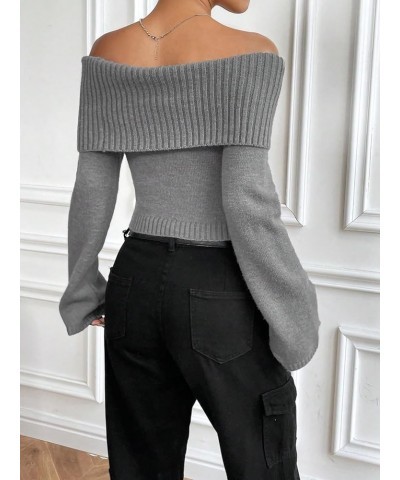 Women's Off Shoulder Ribbed Knit Long Sleeve Crop Top Sweater Pullover Grey $20.58 Sweaters