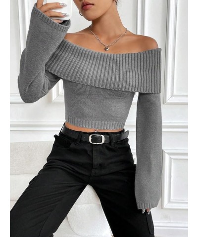 Women's Off Shoulder Ribbed Knit Long Sleeve Crop Top Sweater Pullover Grey $20.58 Sweaters