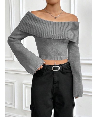 Women's Off Shoulder Ribbed Knit Long Sleeve Crop Top Sweater Pullover Grey $20.58 Sweaters