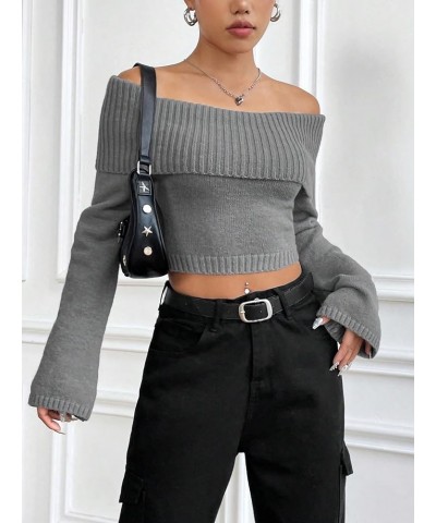 Women's Off Shoulder Ribbed Knit Long Sleeve Crop Top Sweater Pullover Grey $20.58 Sweaters