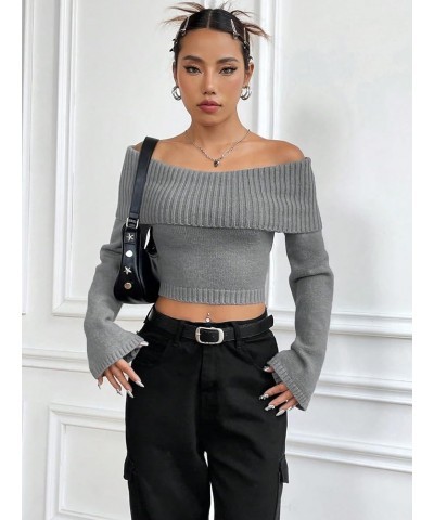 Women's Off Shoulder Ribbed Knit Long Sleeve Crop Top Sweater Pullover Grey $20.58 Sweaters