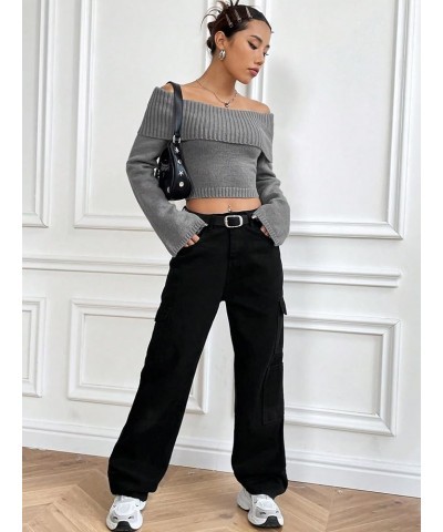 Women's Off Shoulder Ribbed Knit Long Sleeve Crop Top Sweater Pullover Grey $20.58 Sweaters