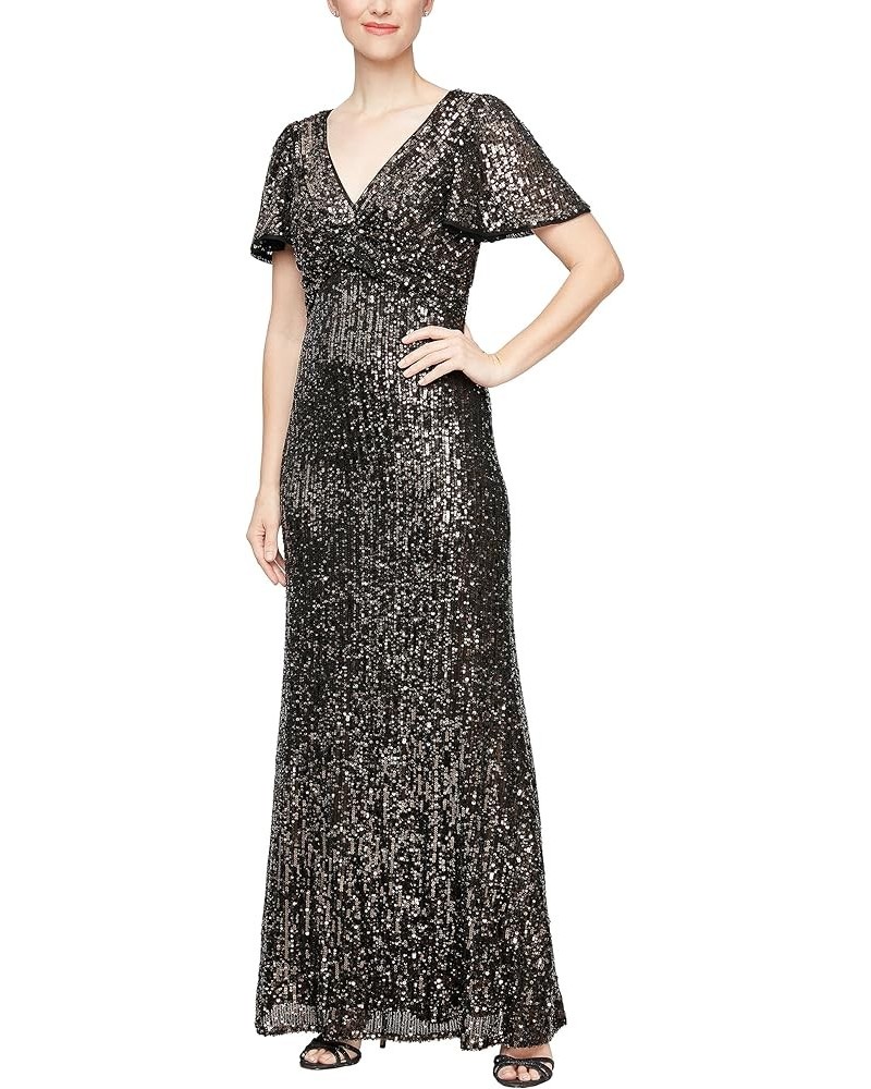 Women's Stretch Sequin Bodice Empire Waist Long Dress Black Bronze Sequin $41.30 Dresses